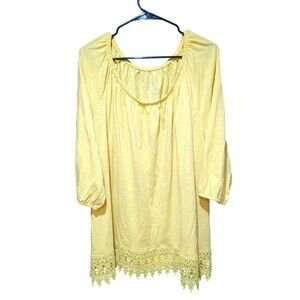 St Johns Bay Top Womens 3X Yellow V-Neck T-Shirt Embroidered 3/4 Sleeve Cotton